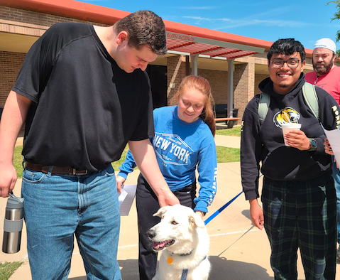 students petting a dog