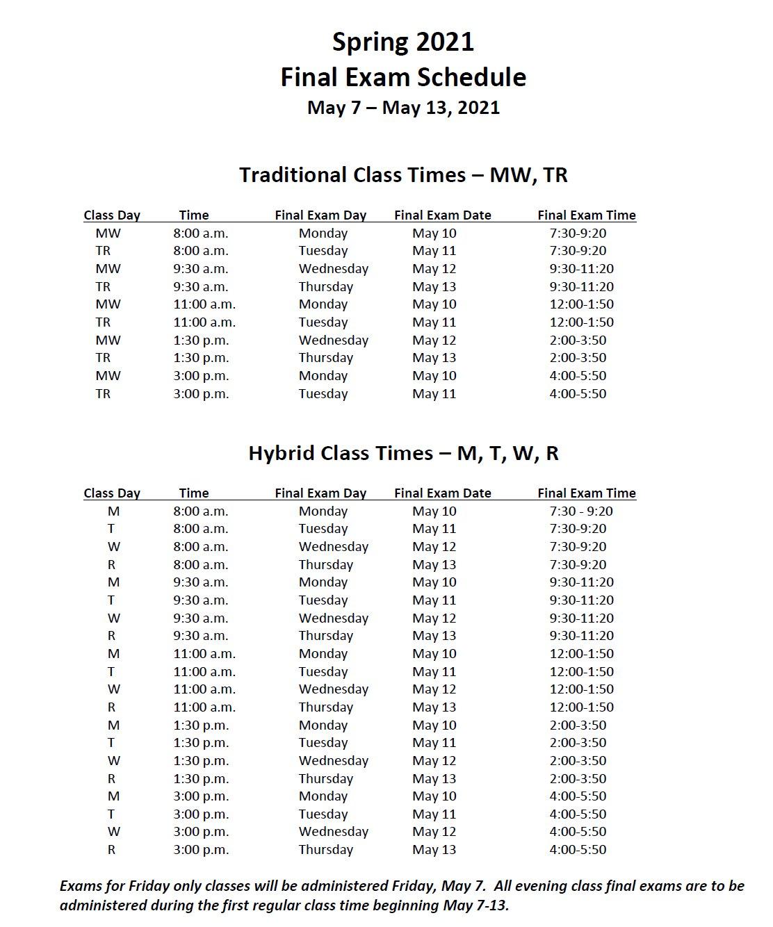 Spring 2021 Fina lExam Schedule